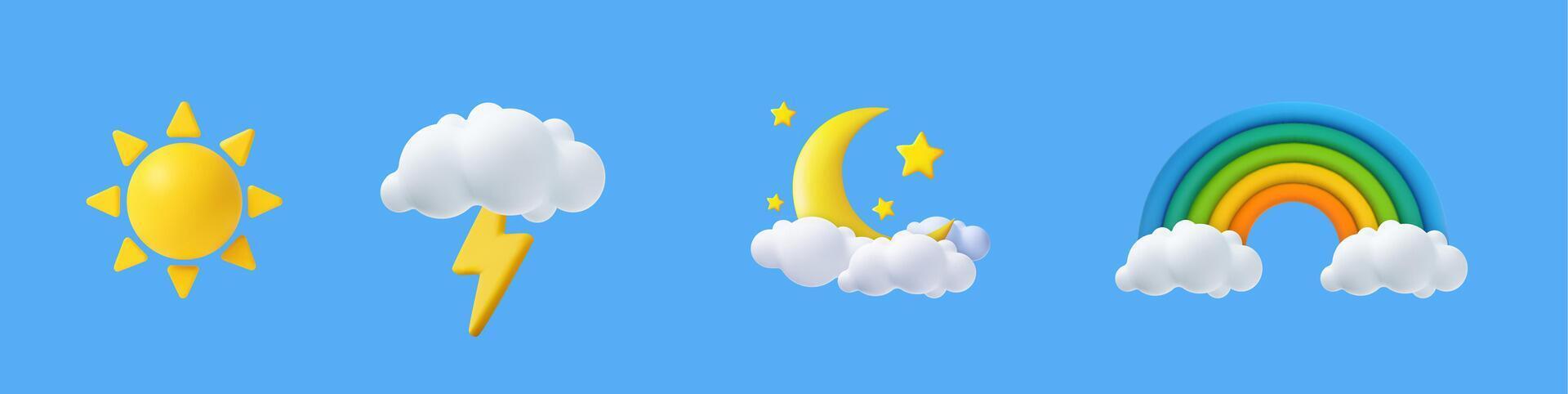 3D Weather Icon Set with Sun, Storm, Moon, and Rainbow vector