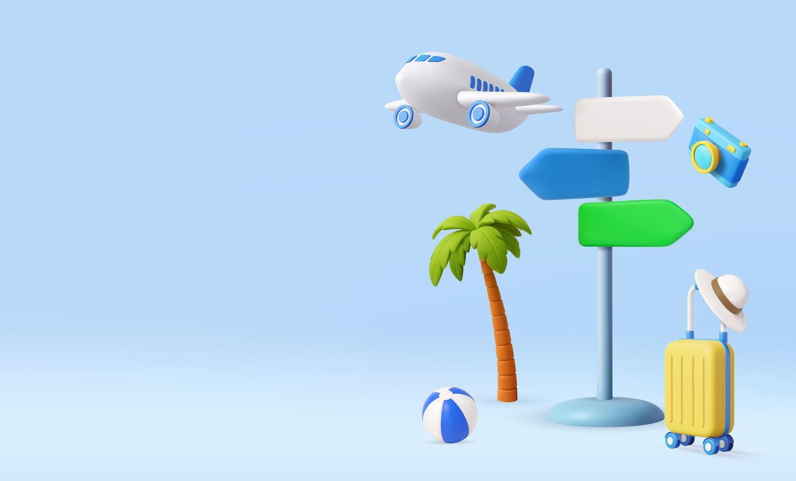 3D Summer Travel Concept with Airplane and Signpost vector