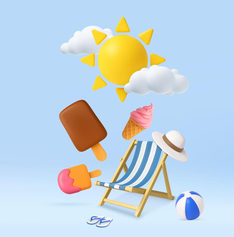 3D Summer Vacation Scene with Ice Cream and Sun vector