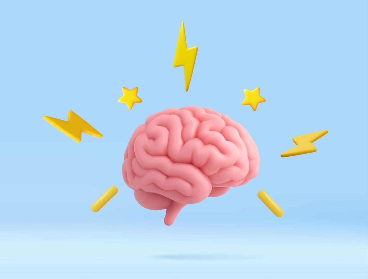3D Brain with Lightning Bolts and Stars Symbolizing Creativity and Ideas vector