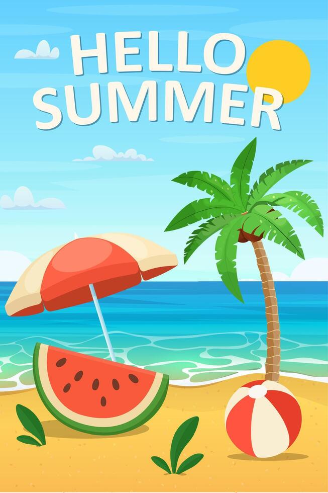 Cartoon Beach Scene with Hello Summer Text vector