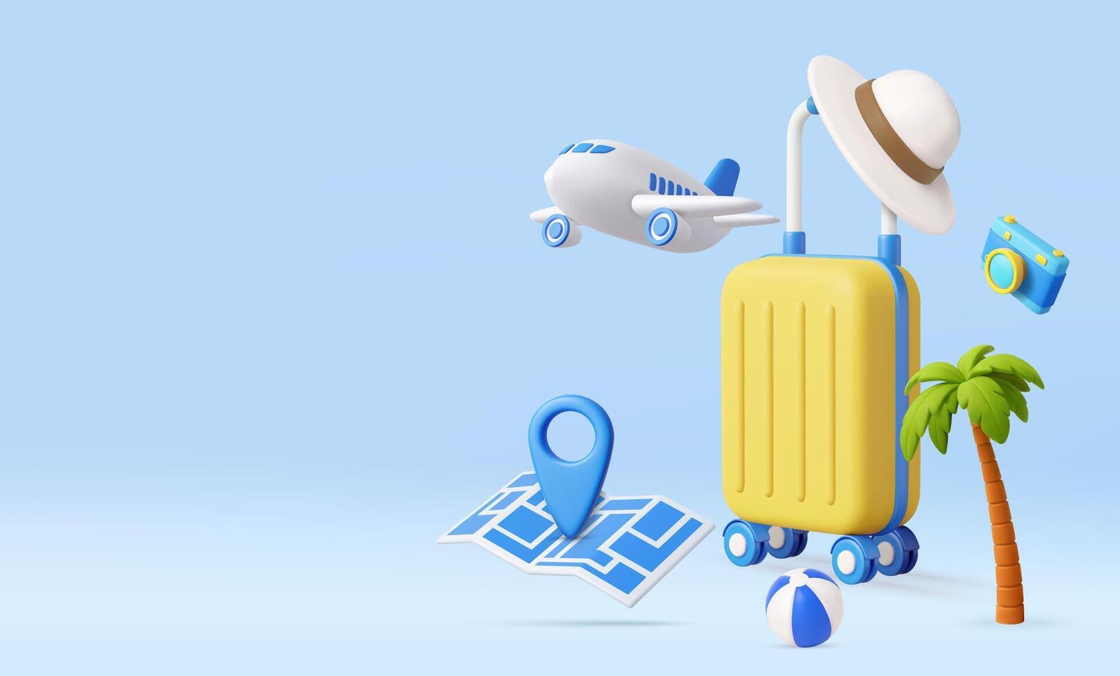 3D Travel Essentials with Map and Airplane vector