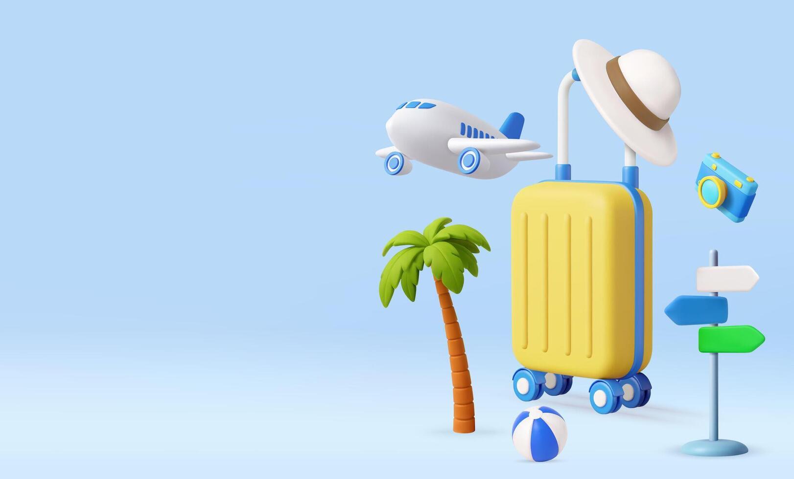 3D Travel Essentials with Map and Airplane. vector