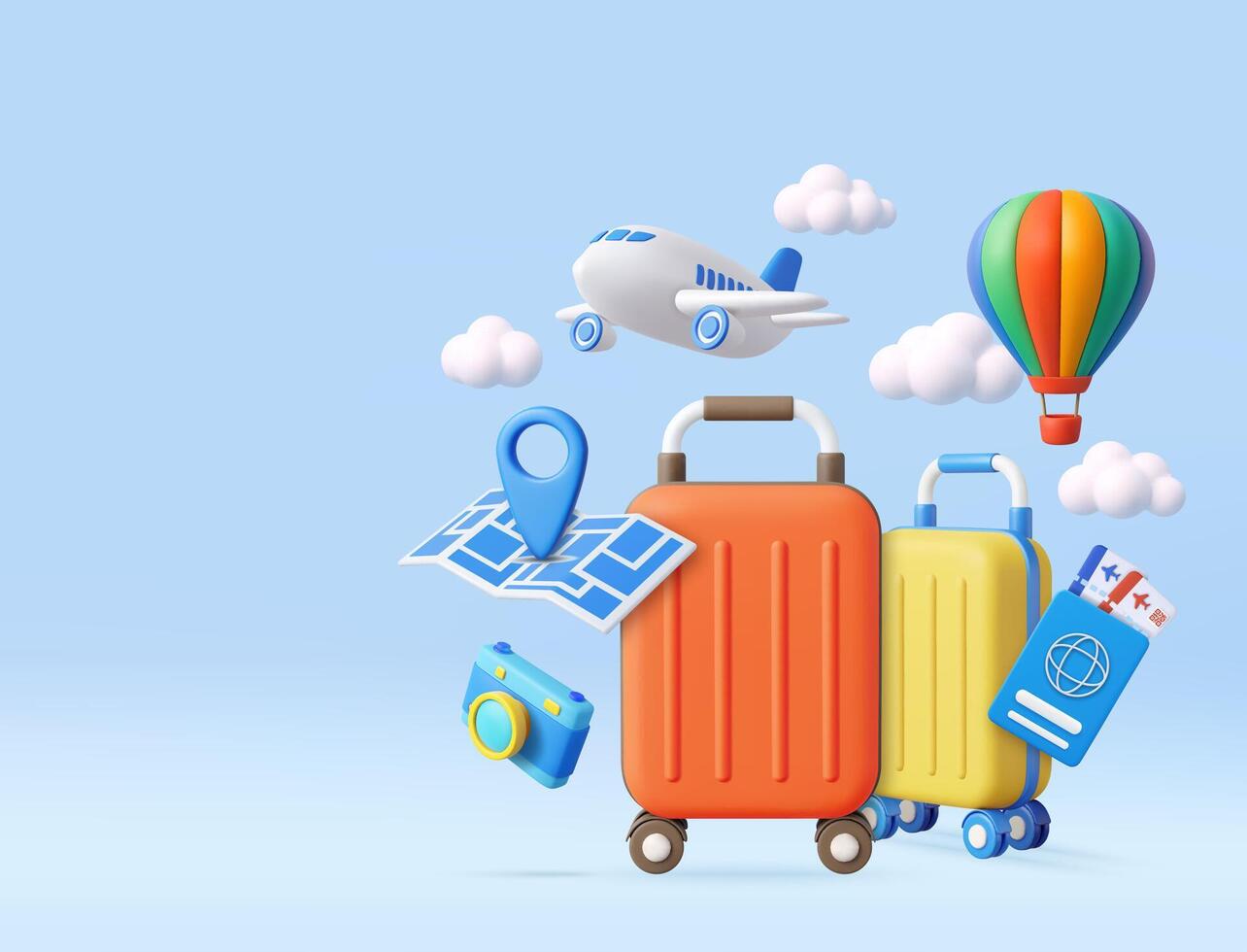 3D Travel Concept with Suitcases, Airplane, and Hot Air Balloon vector
