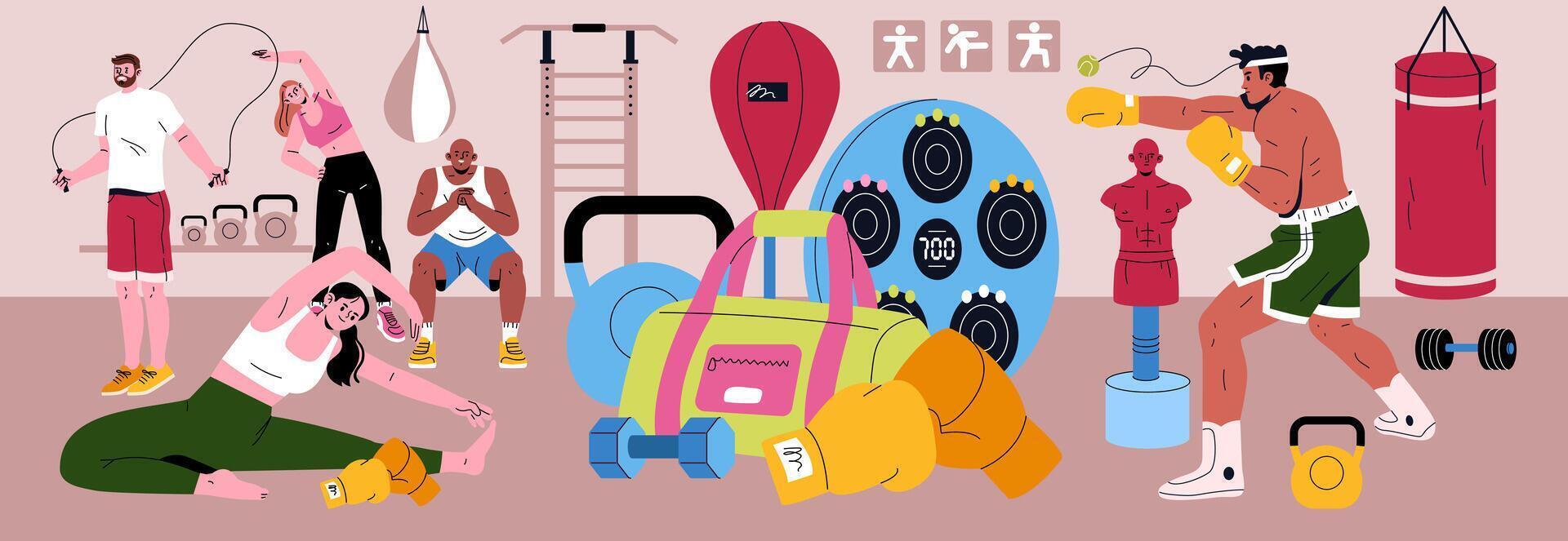 A Dynamic and Exciting Fitness Scene Featuring a Wide Variety of Workouts and Equipment Options vector