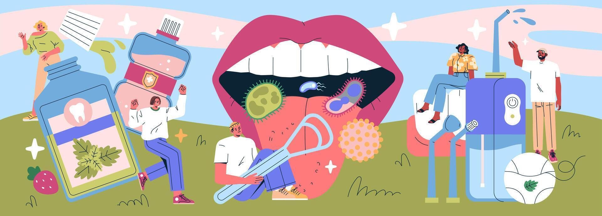 Oral Hygiene Tips Illustration with People and Tools vector