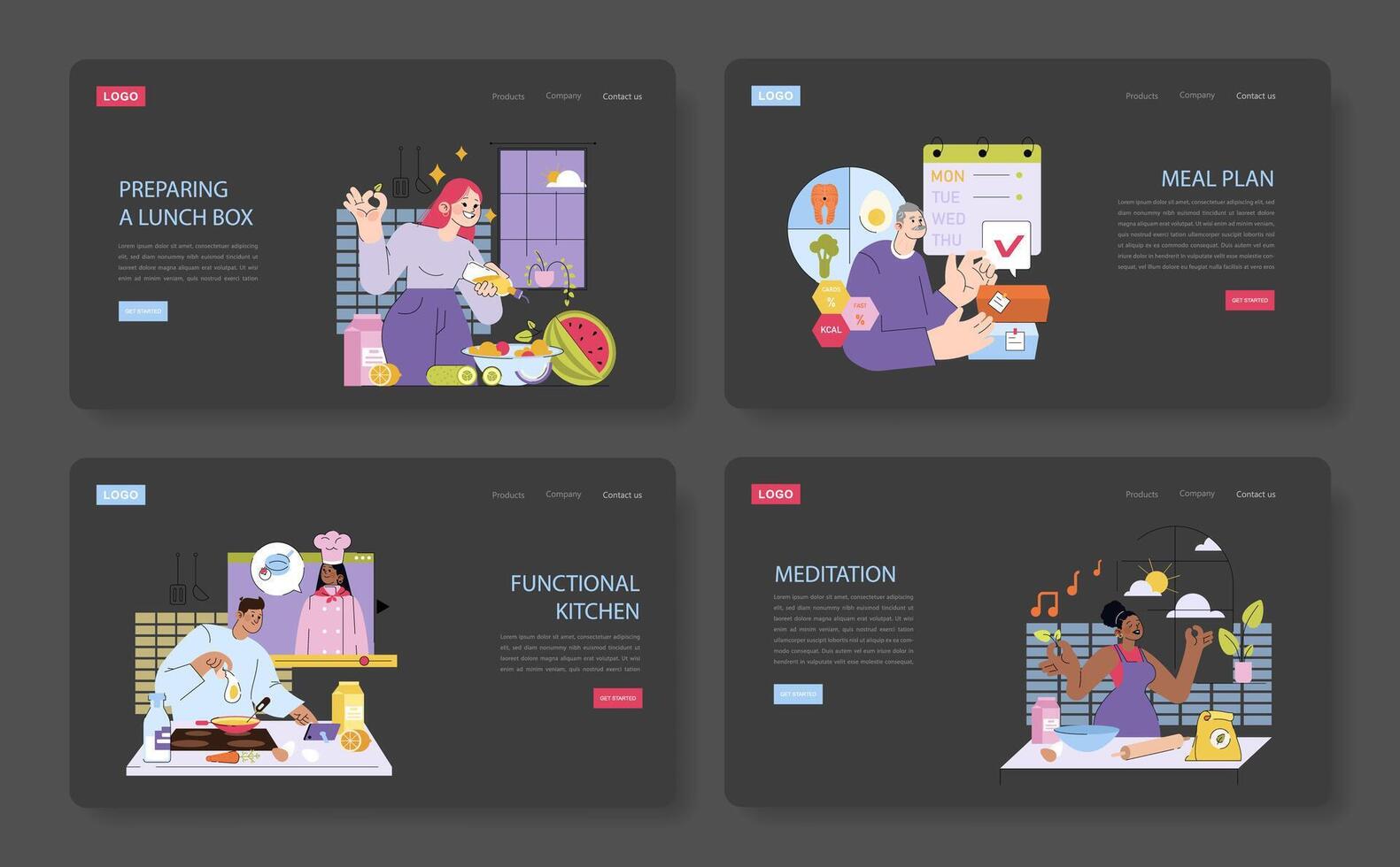 Preparing Meals and Meditation Illustrations Set vector
