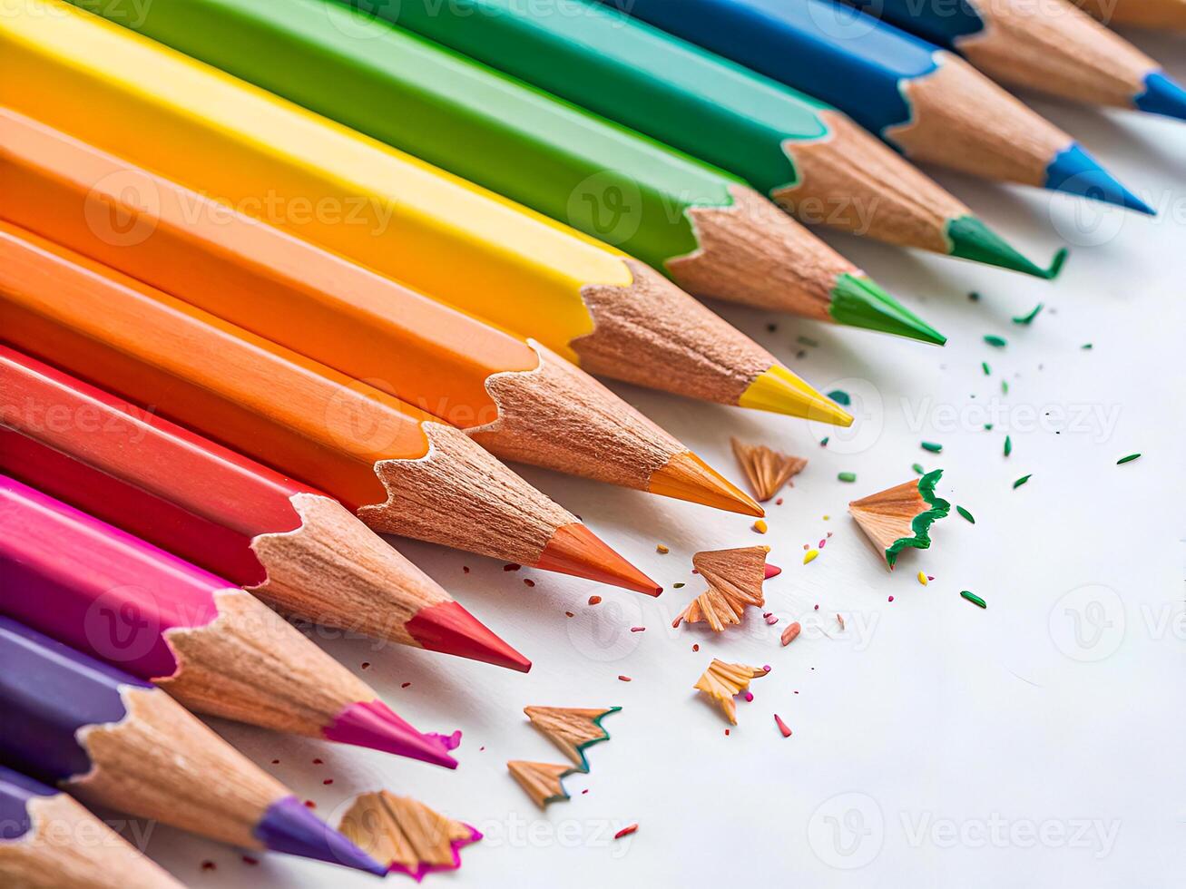 Vibrant Spectrum of Colored Pencils with Shavings. Creativity in Motion photo