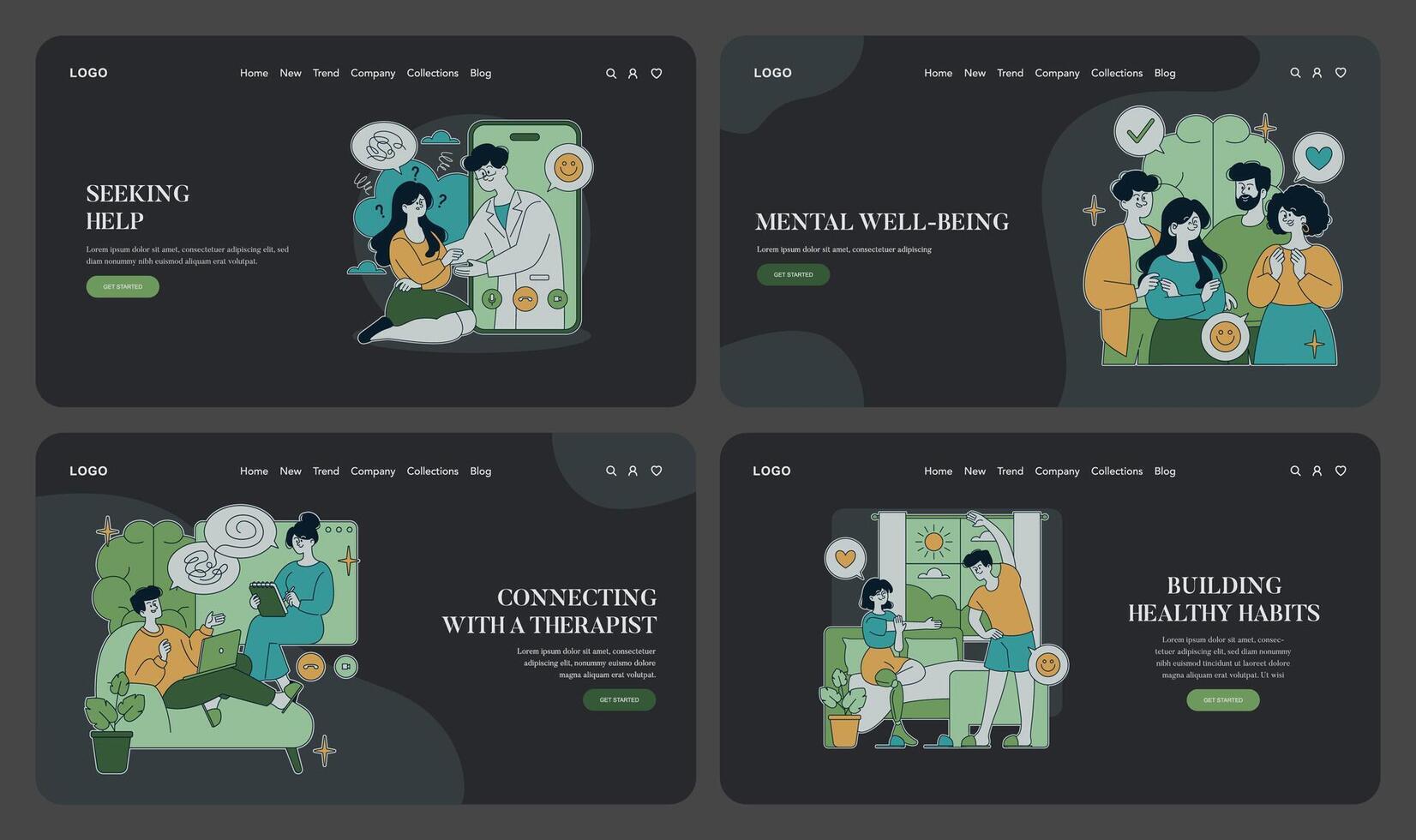 Seeking Help and Mental Well-being Set vector