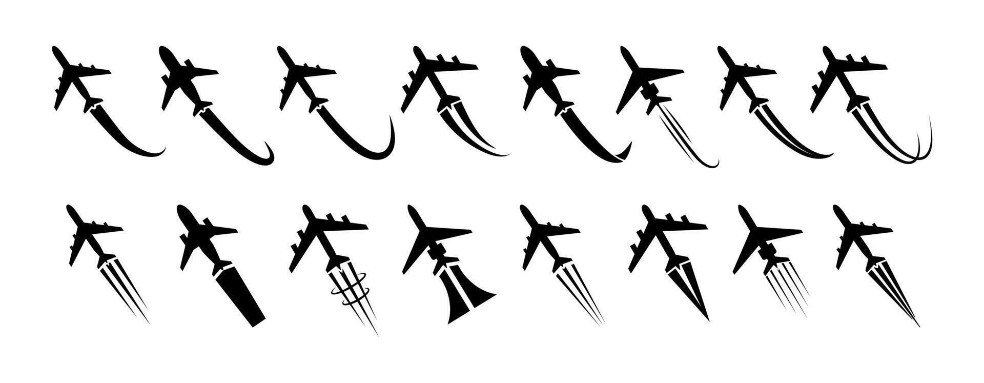 Plane taking off. Airplane flying icons. Departure jetliner upward angle from runway. Commercial aviation symbol for traveling, transportation. Plane flight silhouette. set vector