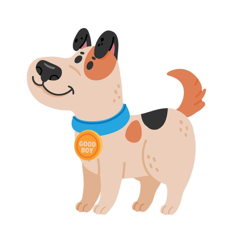 Happy spotted puppy wearing a blue collar and proudly displaying a good boy medal, standing and smiling with a playful, obedient spirit that radiates joy and affection vector