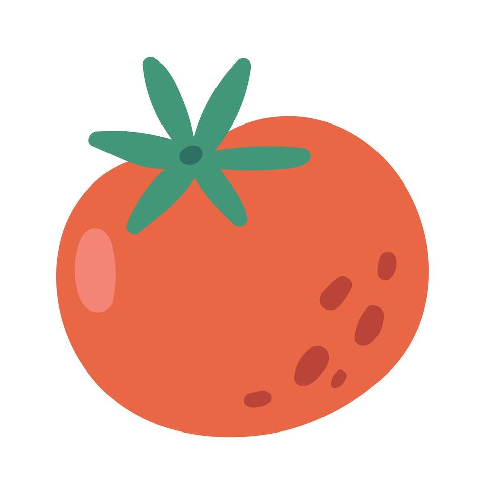 Cartoon illustration featuring a vibrant, ripe red tomato adorned with fresh green leaves, representing the essence of healthy eating and the joy of fresh produce vector