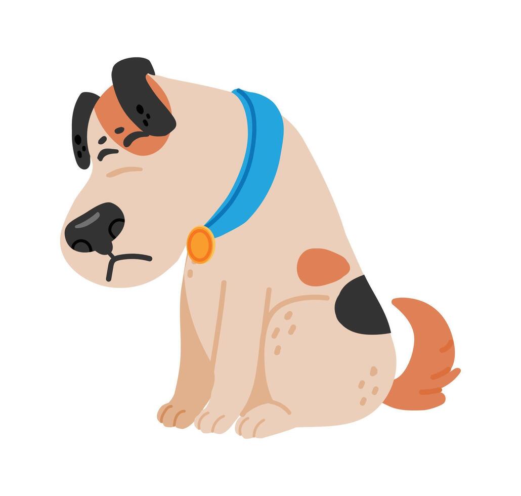 Cute cartoon dog sitting with a drooping head, wearing a blue collar adorned with a medal, expressing feelings of sadness and disappointment, radiating an air of loneliness vector