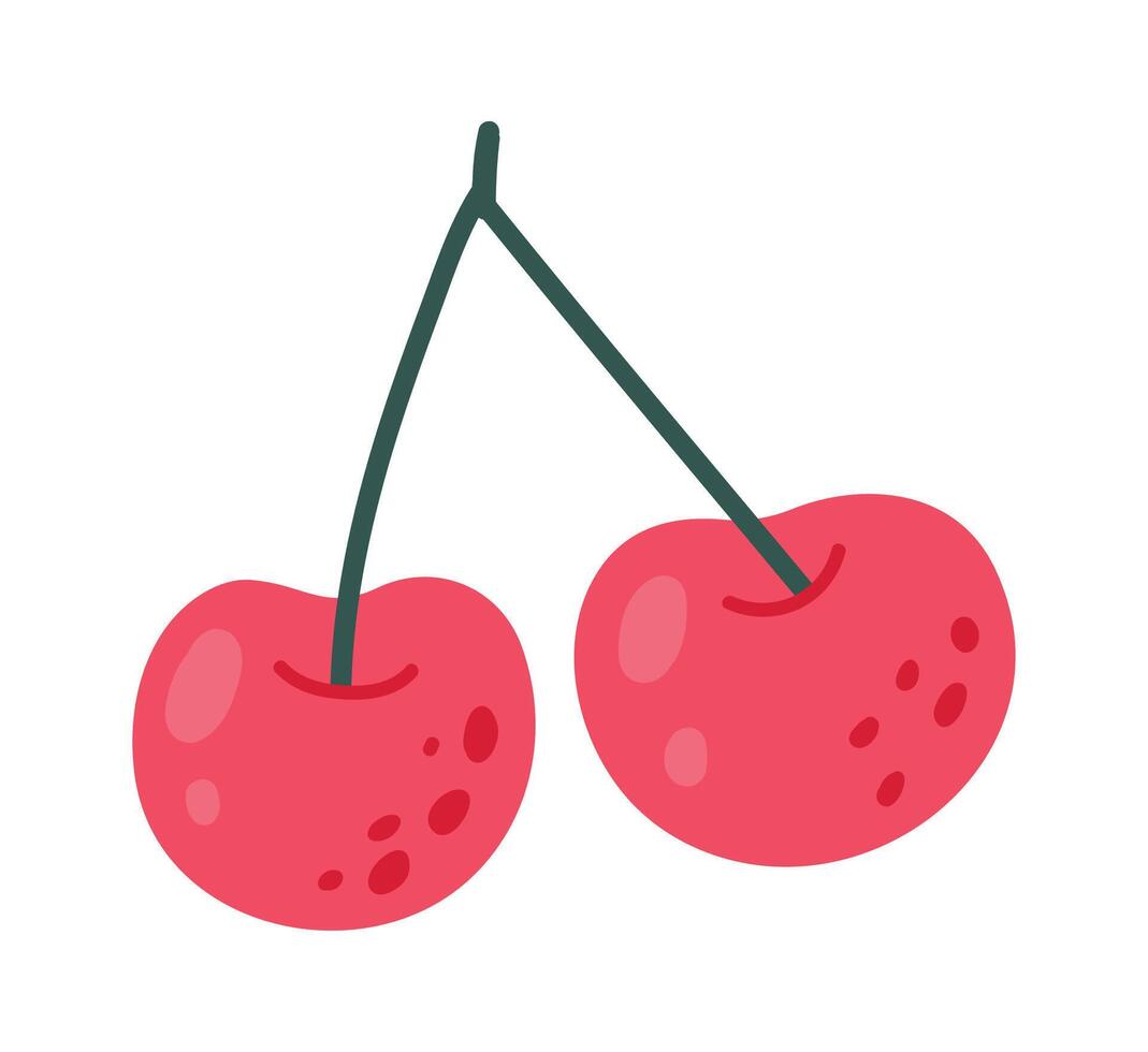 Two vibrant red cherries hanging from a shared green stem, highlighting their plumpness and freshness against a pristine white background, evoke a sense of summer's bounty vector