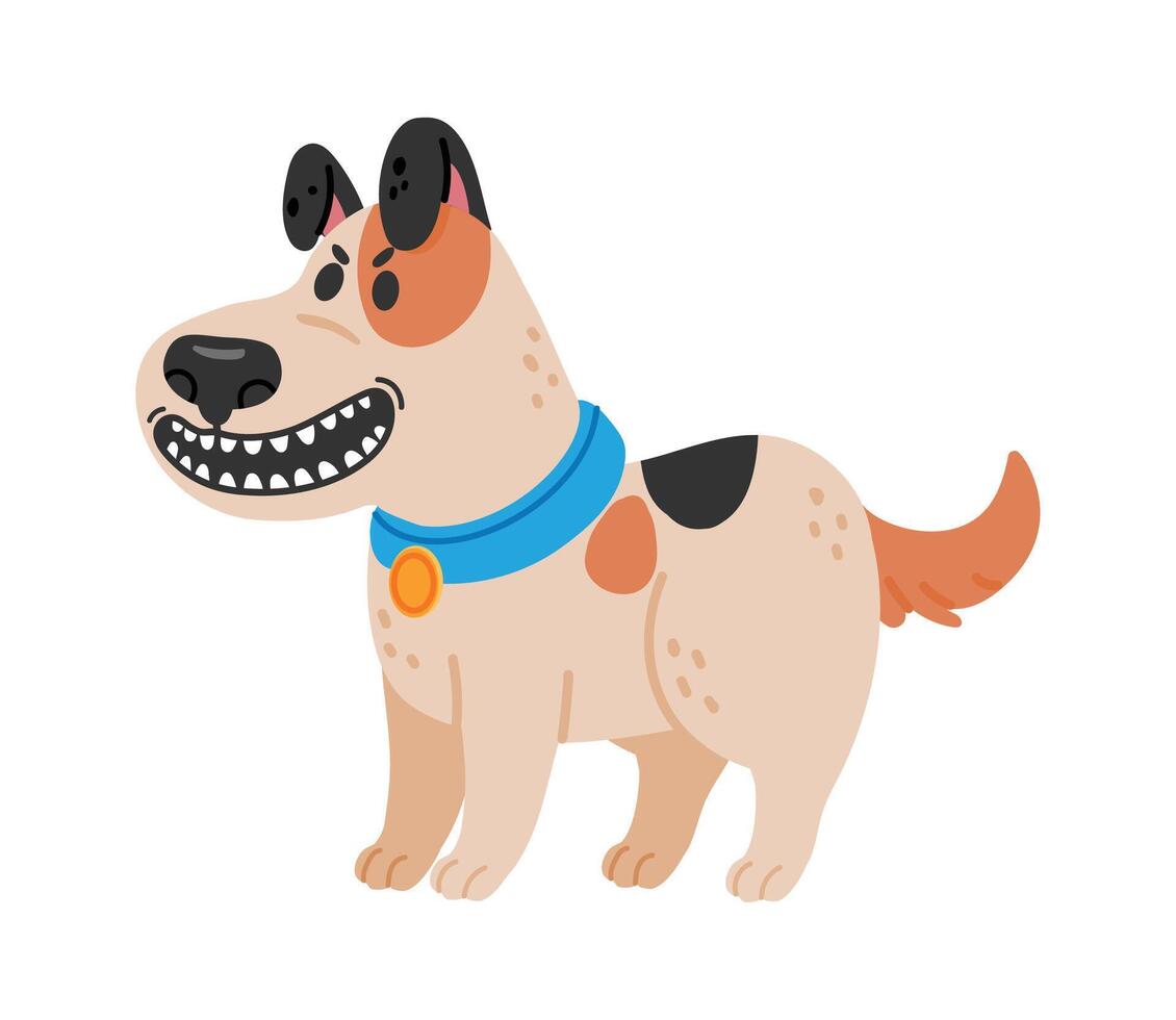 Happy cartoon dog standing proudly with a big smile, displaying its teeth, wearing a blue collar adorned with a shiny medal, set against a clean white background vector