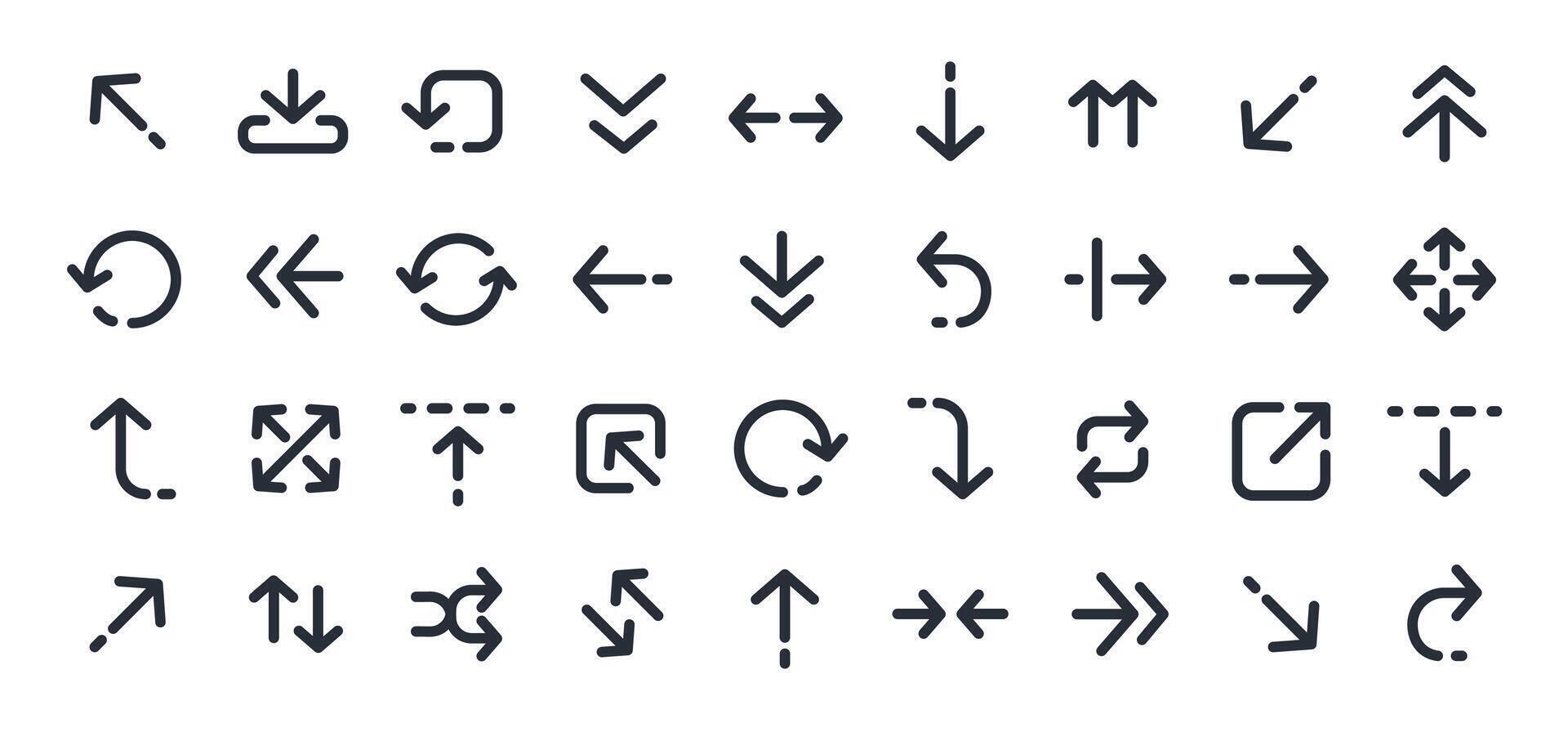 Linear arrow. Line minimalist arrows. Outline elements for UX UI interface, infographics. Arrow icon, direction symbols, Right, left, up, down, circular, rotation arrows. set vector