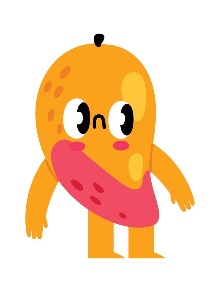 Colorful illustration of a sad anthropomorphic mango with a slice cut out, looking disappointed, isolated on a white background, ideal for healthy eating campaigns or children s books vector