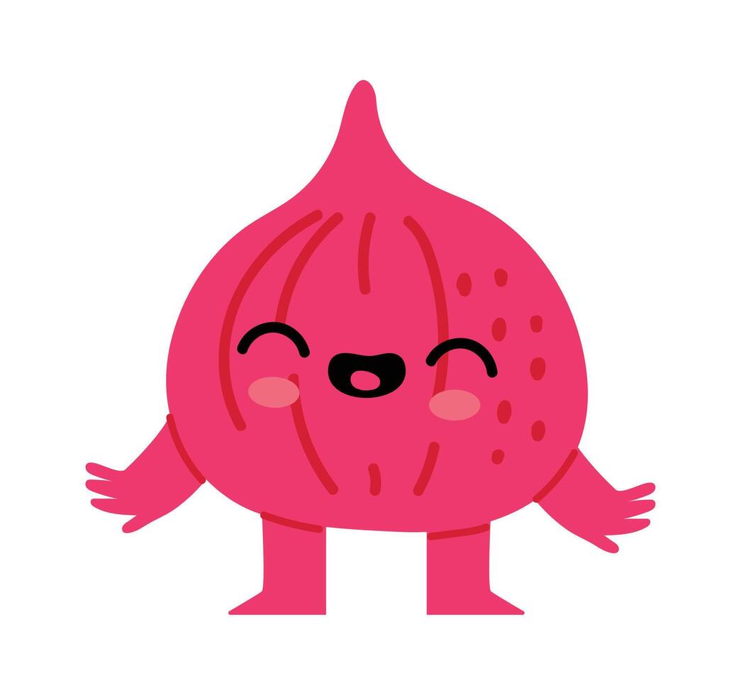 Happy red onion cartoon character is laughing with open arms and closed eyes, showing joy and welcoming attitude, isolated on white background vector