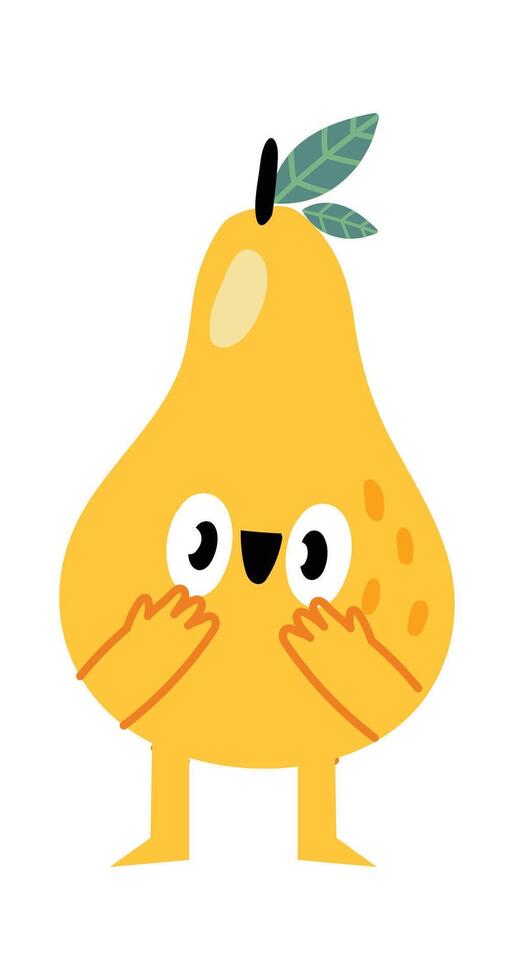 Surprised yellow pear cartoon character with big eyes, hands on face, and small legs is standing against a white background, creating a playful and expressive image vector