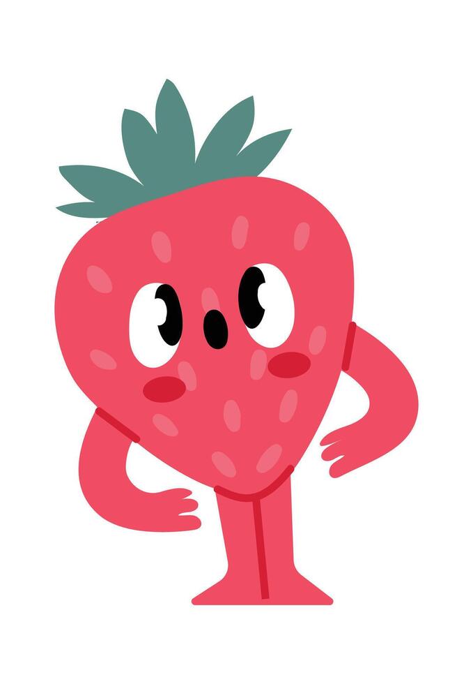 Cartoon strawberry character standing with arms akimbo and a surprised expression, exuding a playful and funny vibe perfect for children s projects and healthy eating themes vector