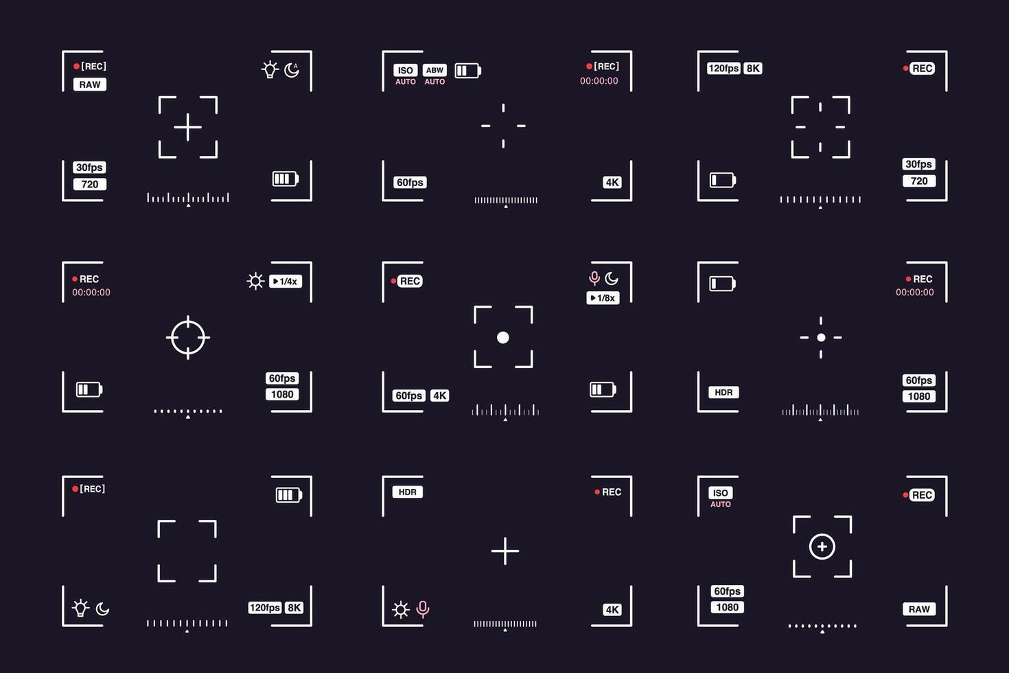 Camera viewfinder screen. Photo and interface. Mobile camera digital display, UI UX elements shutter button, smartphone flash setting, timer option, zoom level. set vector