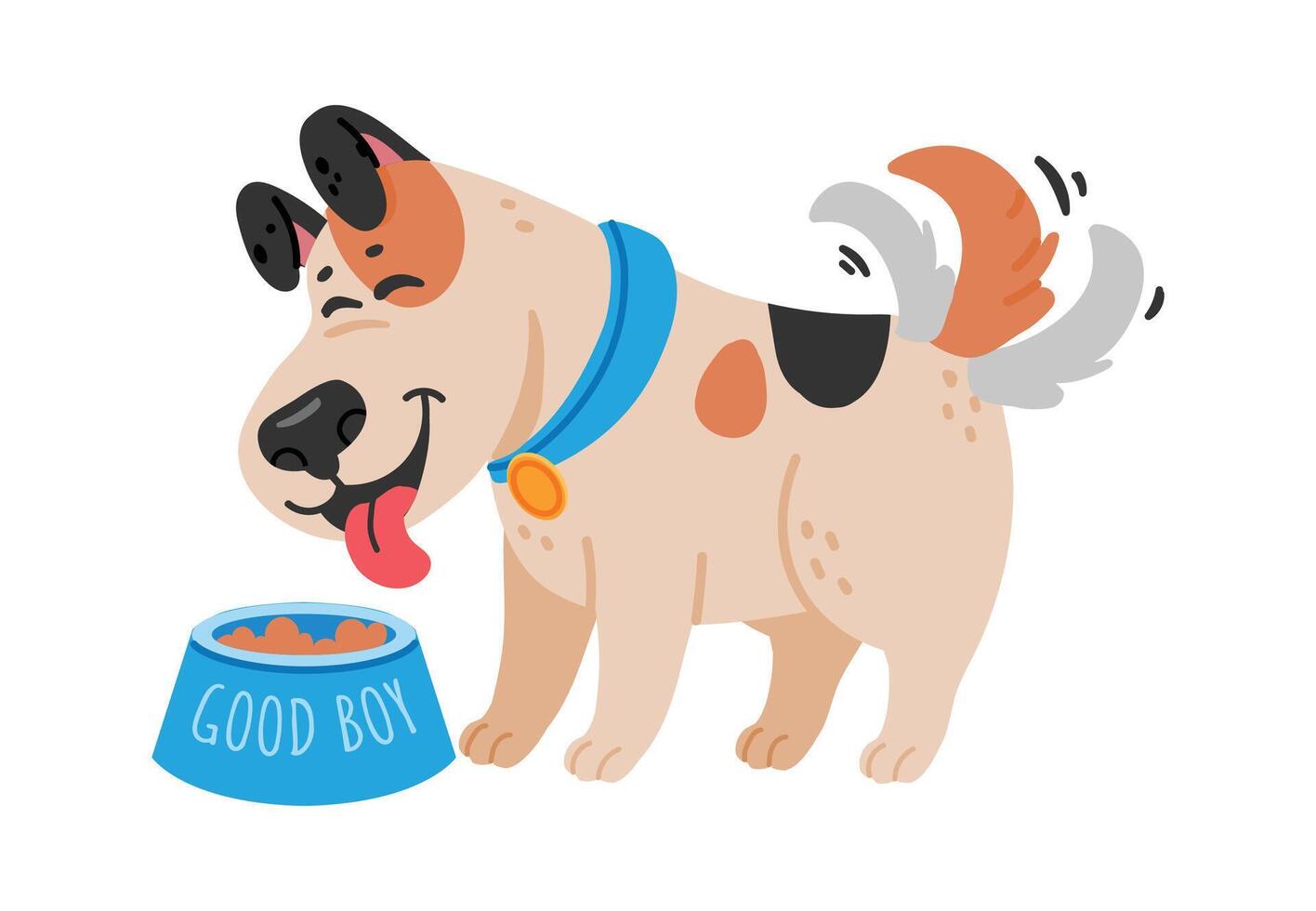 Happy cartoon dog enjoying a meal from a blue bowl, featuring a good boy inscription, wagging its tail joyfully, isolated against a clean white background vector