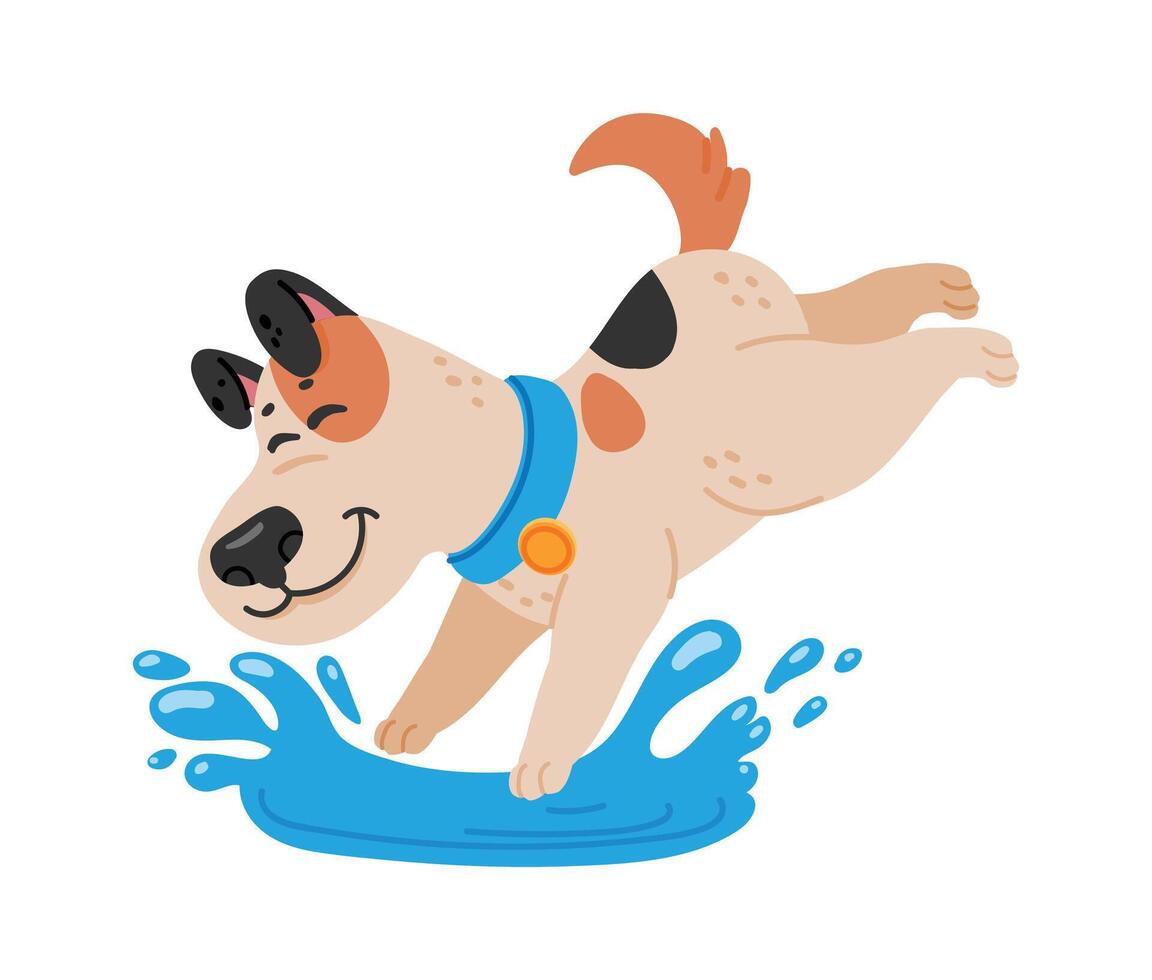 Happy cartoon dog jumping over a puddle making water splashes, playful canine enjoying summer, funny puppy playing with water, ideal for children book illustrations, pet shops or veterinary clinics vector