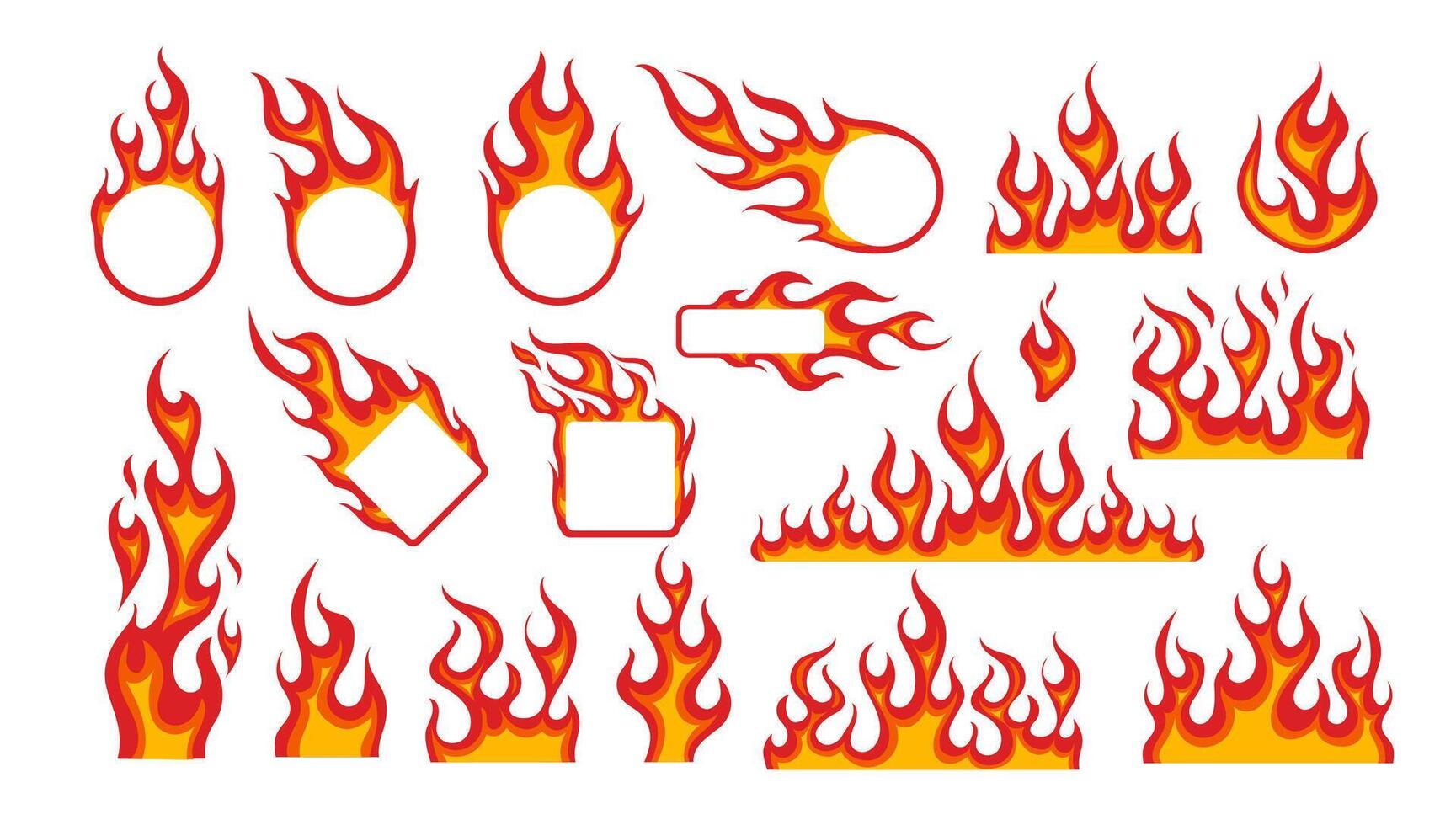 Fire flame frame. Flaming border stickers. Cartoon horizontal campfire elements, fire circle, oval, square frames. Yellow, red burn wildfire silhouette. Hot flammable borders set vector