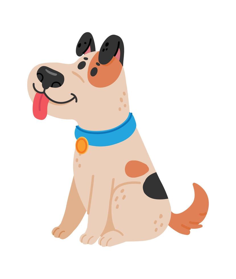 Happy, playful puppy sitting and panting with tongue out, showcasing black ears and spots, isolated on a white background in a cheerful illustration vector