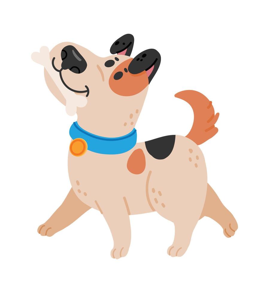 Cute spotted dog wearing a blue collar and orange tag joyfully walking while carrying a big white bone in its mouth, radiating happiness and playful energy vector