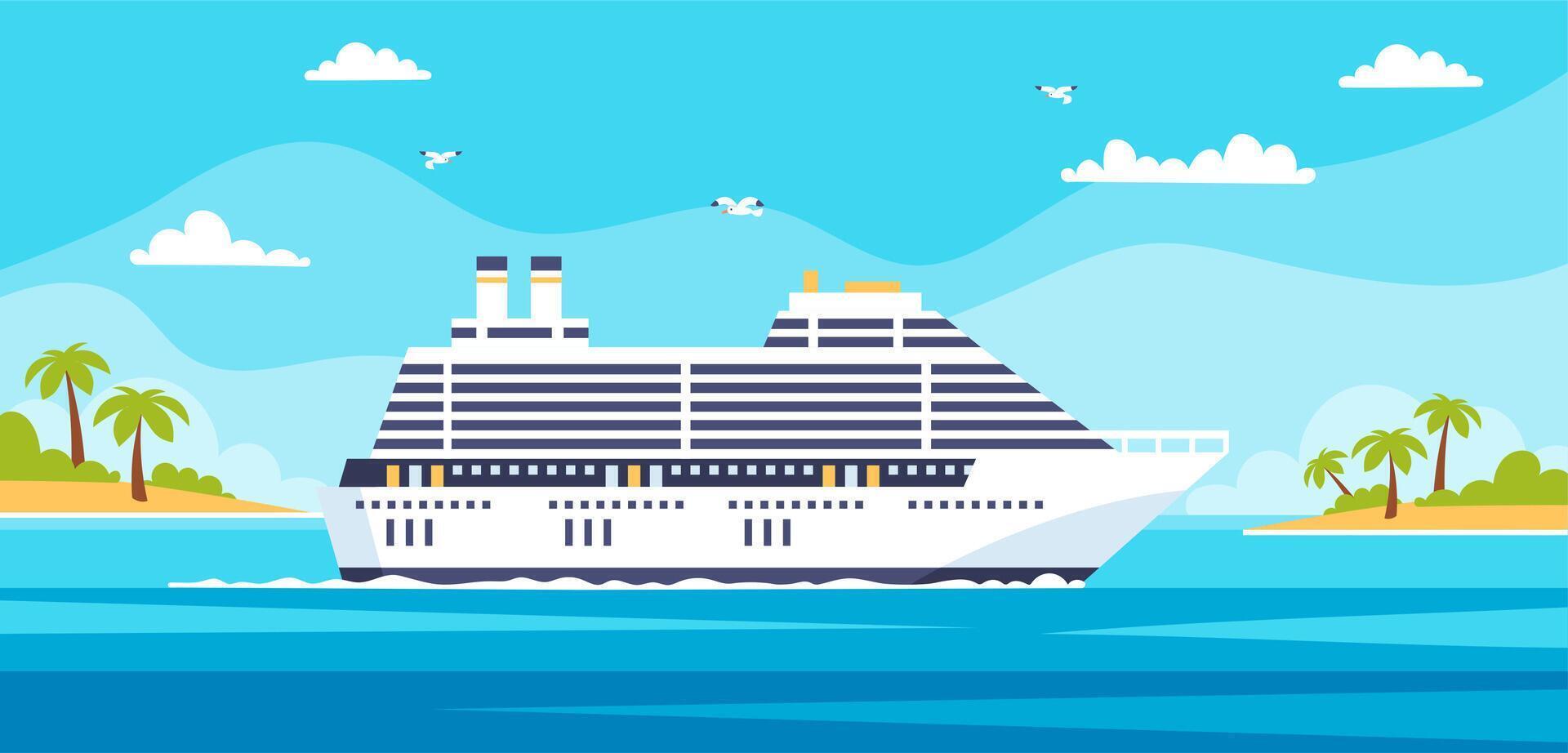 Cruise ship in ocean. Sea travel banner with liner. Passenger vessel sailing on water, island with palms with clouds on blue sky. Tourism summer vacation. Concept background vector