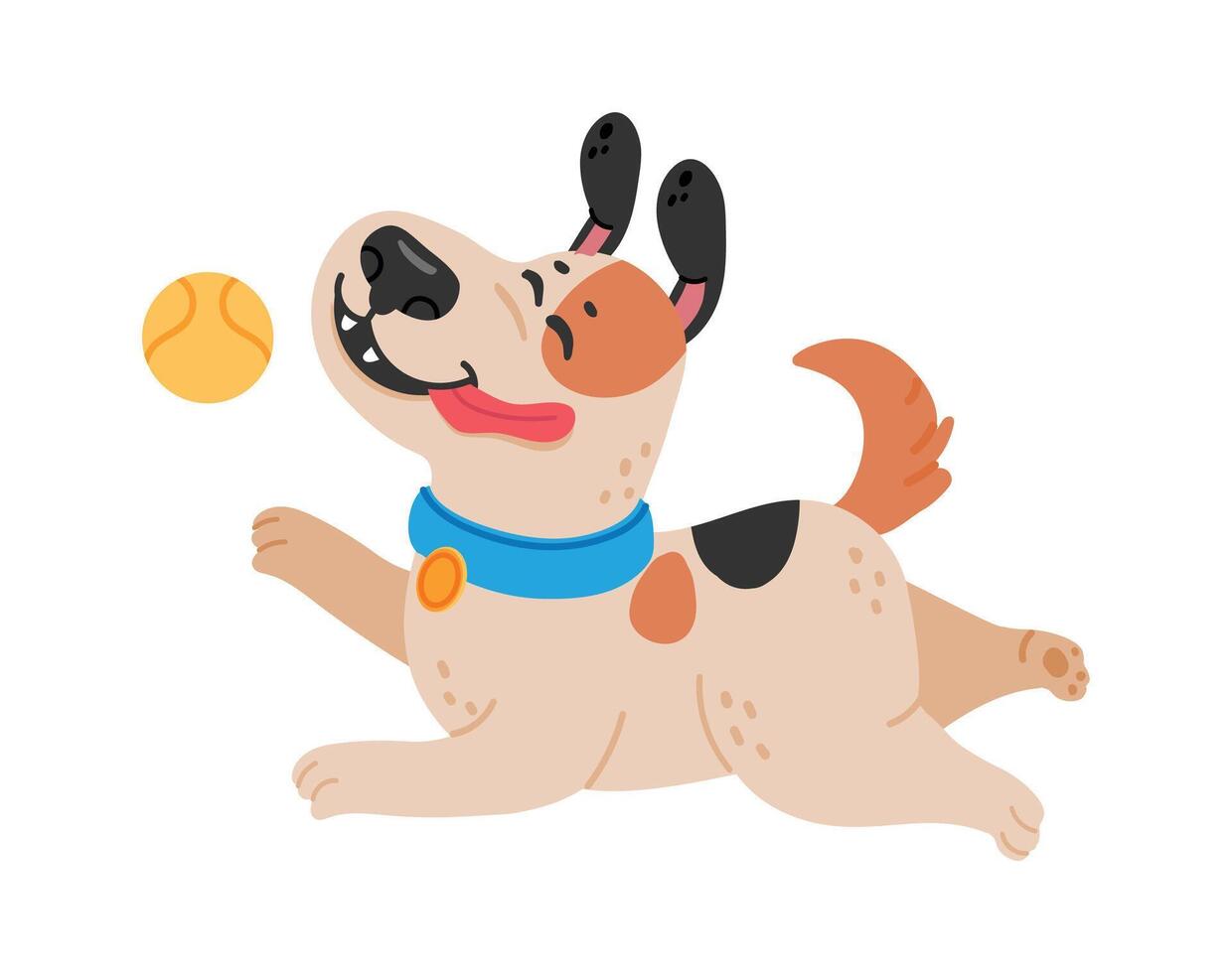 Playful dog running and catching a ball, enjoying a fun activity, happy pet with tongue out and ears flapping, isolated on white background vector