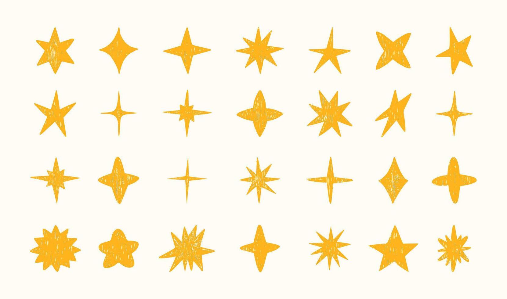 Sketch stars. Hand drawn chalk childlike star icon. Kid crayon doodle texture sparkles and shine elements. Pastel classic, twinkling, sparkling stars for sky. set vector