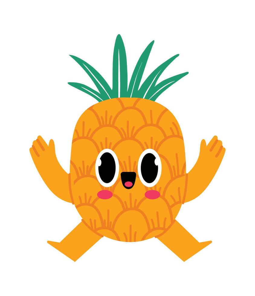 Funny cartoon character of a joyful pineapple running with open arms, big eyes and a large smile, isolated illustration on white background vector