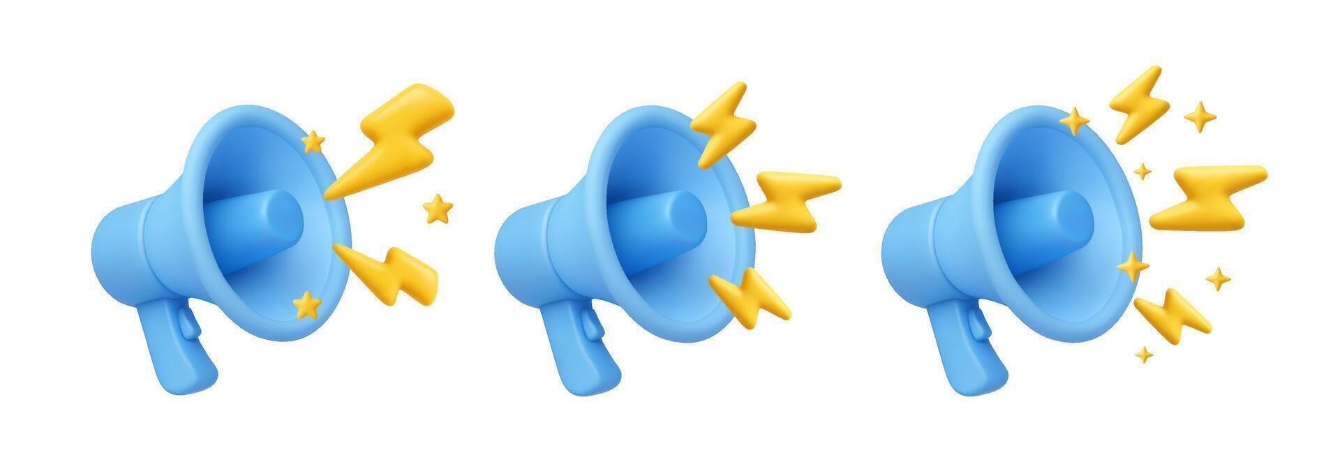 3D megaphone with lightning. Announcement concept with loudspeaker and bolts. Rendered blue bullhorn, yellow lightning bolt, stars. Marketing promotion. media set vector