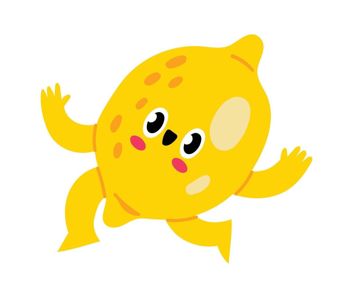 Cheerful lemon cartoon character waving with arms and legs, isolated on white background, suitable for children products, food and beverage marketing, and educational materials vector