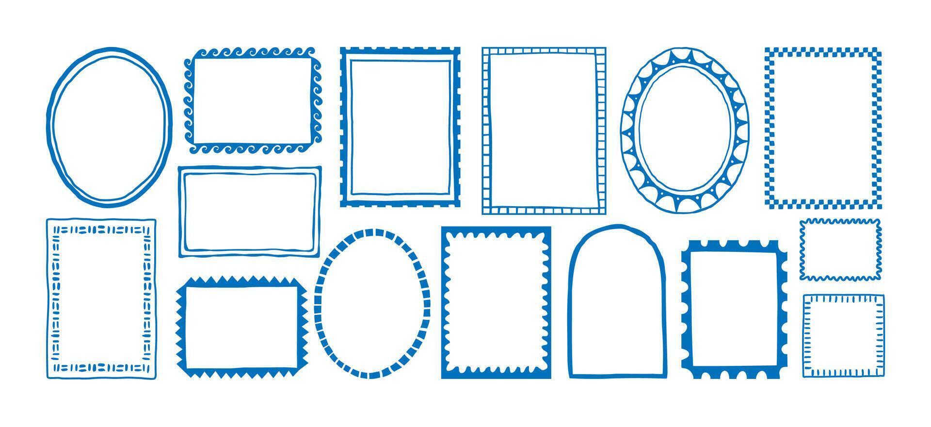 Doodle frame. Hand drawn border. Minimal freehand stroke wavy square, rectangle, circle, arch, oval shapes frames. Marine curved, striped borders. set vector