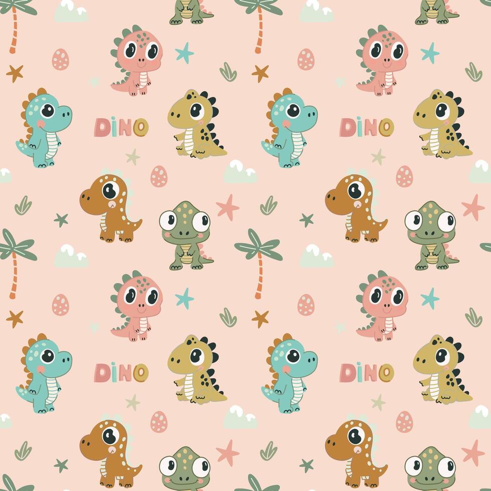 Seamless pattern with cute cartoon dinosaurs on pink background. vector