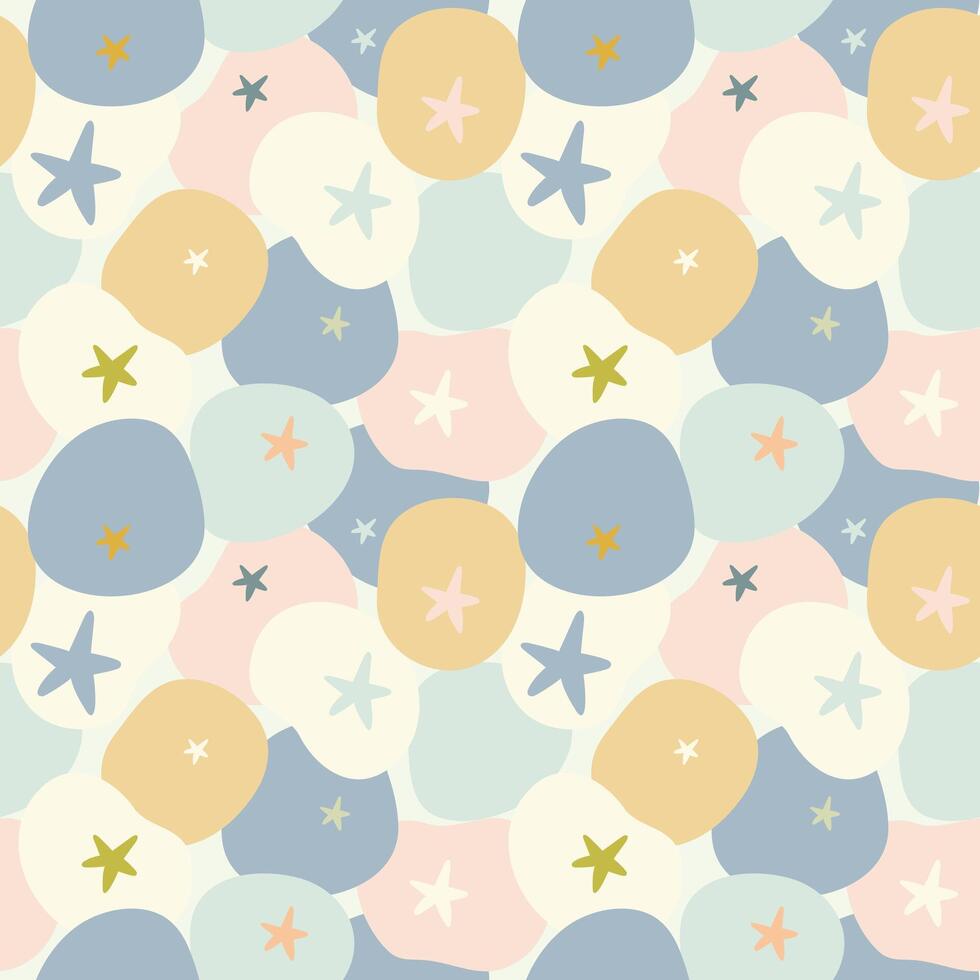 Seamless pattern with abstract round shapes and simple stars in pastel blue colors vector