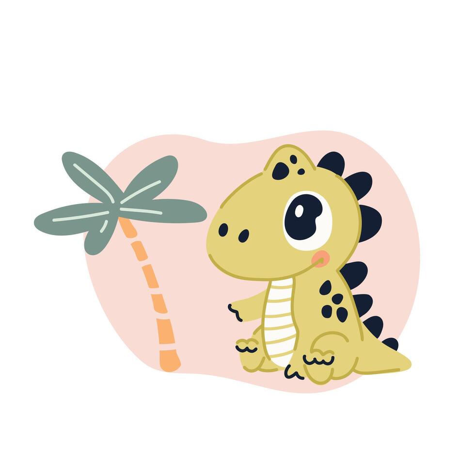 Cute baby dinosaur sitting near palm tree, illustration flat style vector