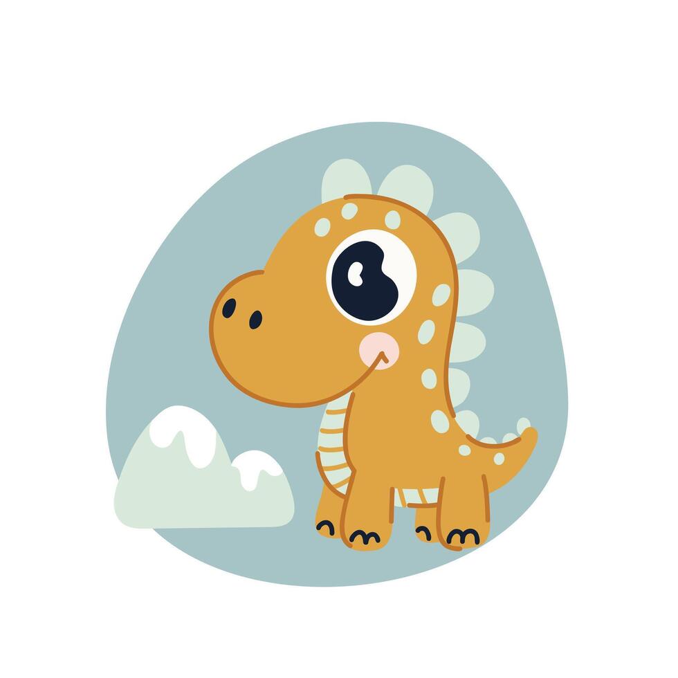 Cute cartoon dinosaur on the background of mountains. illustration in flat style on a blue background. vector
