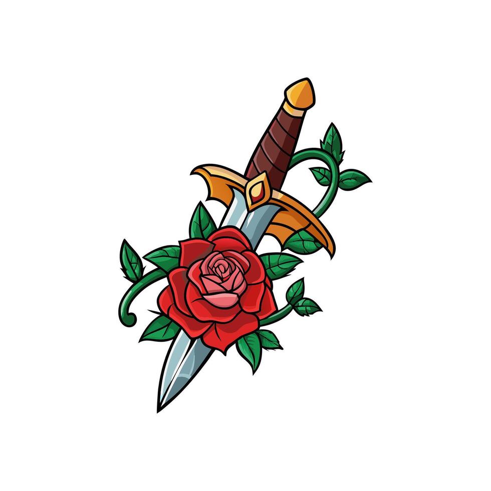 Classic Dagger Through Rose Tattoo Illustration vector