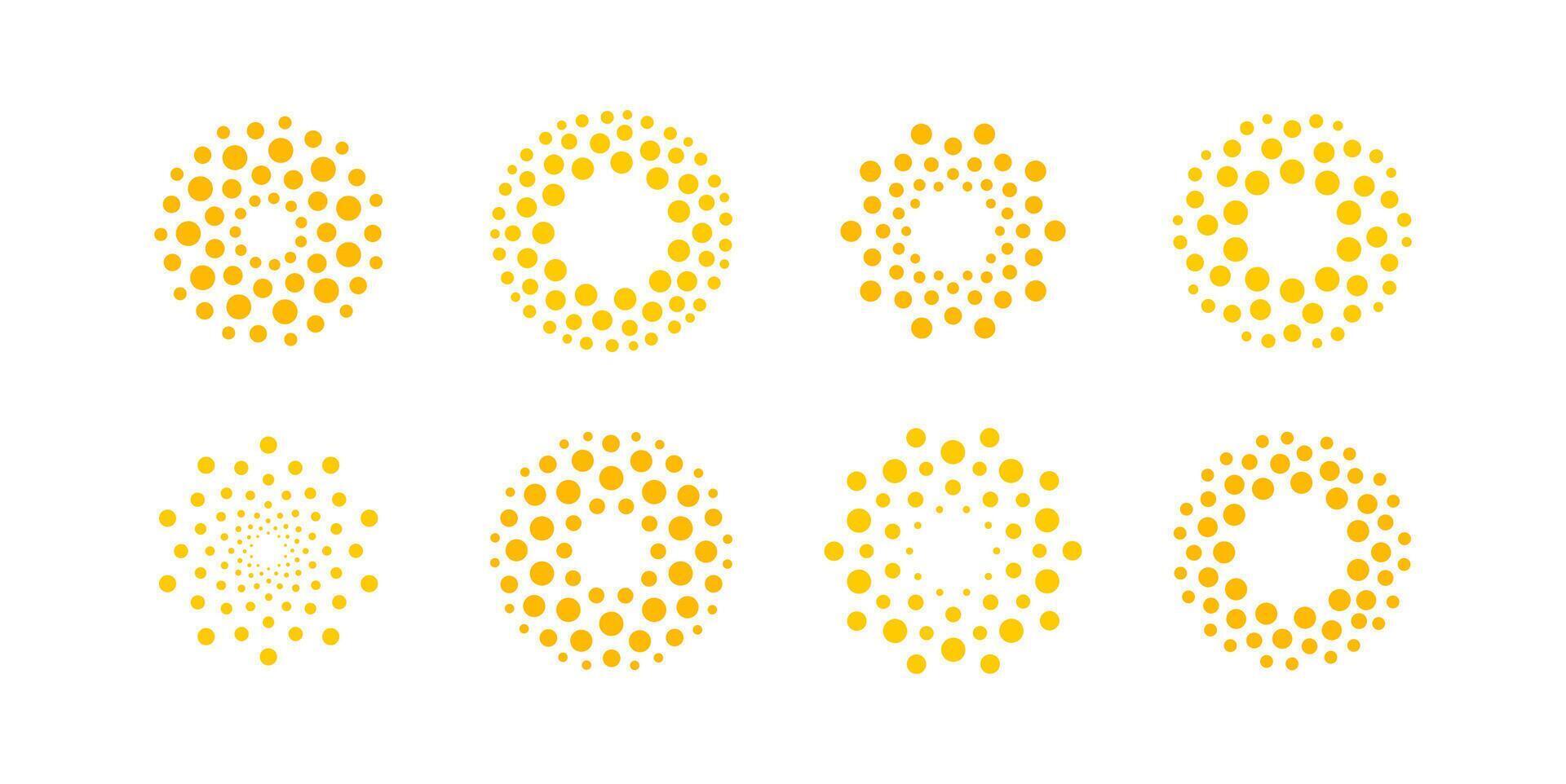 Abstract Sun Icon Set, Dotted Circular Shapes with Bright Sunny Look, Isolated Round Logo on White BG for Solar Energy, Vacation, Warm Weather Branding, Science and Technology. Illustration vector