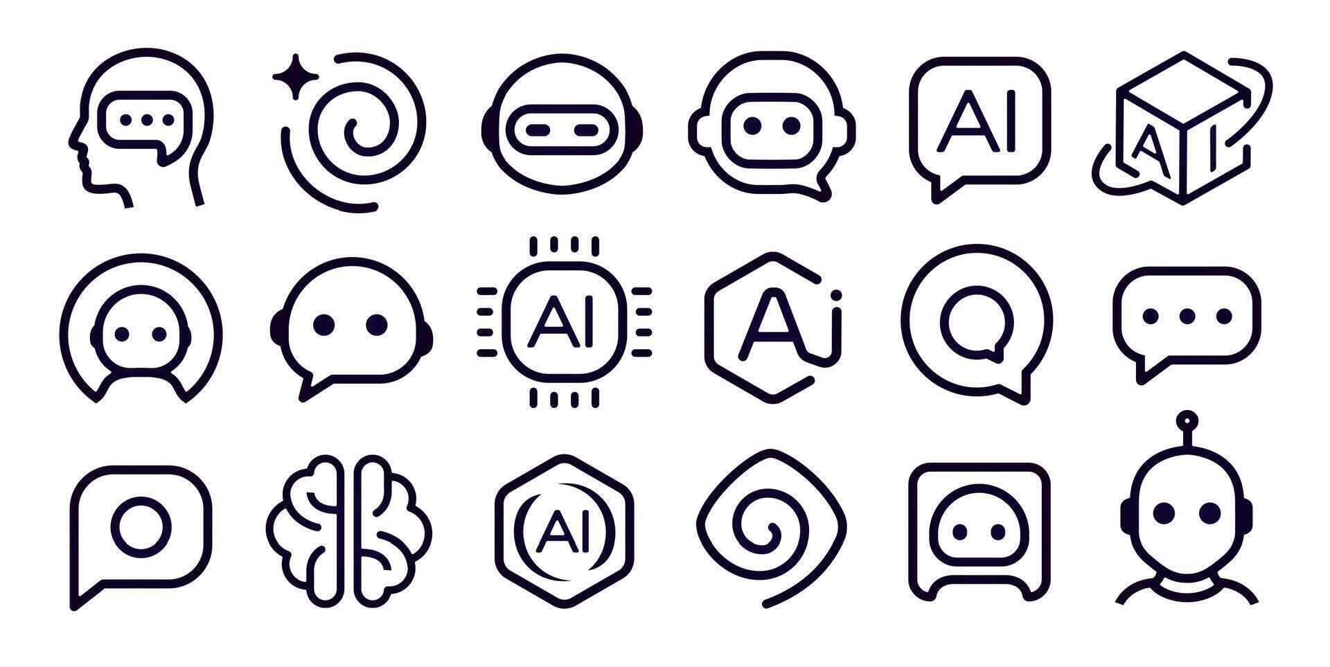 AI Chatbot icons set, smart assistant, linear Brain, Minimal Chip sign, Speech stylised emblem. Robot head logo. Tech symbols in outline style for UI, apps, software. illustration vector