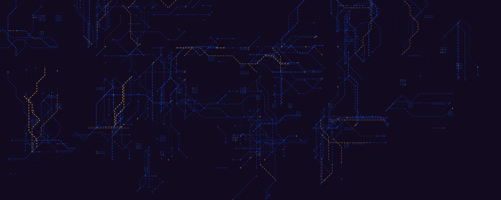 Futuristic Data Grid Neon Lines. Abstract tech background in dark mode with blue and orange dotted circuits for innovation, AI, and analytics visuals. Modern cyber pattern. illustration vector
