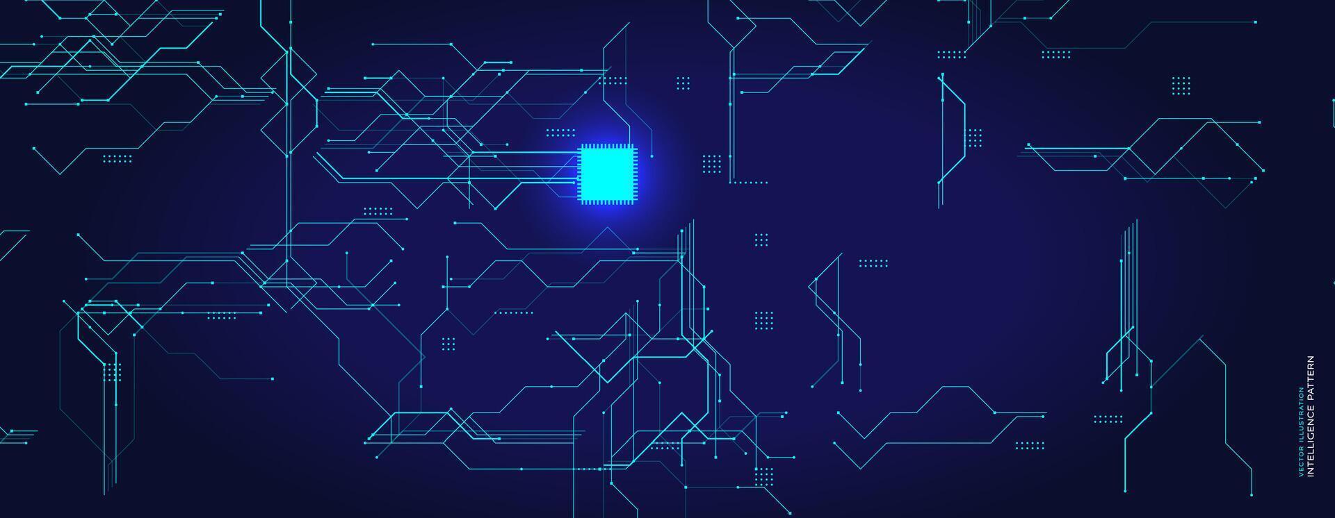 Technology Chip Circuit With Glowing Processor. Bright microchip element on futuristic digital background. Ideal for themes of AI, innovation, computing. illustration vector