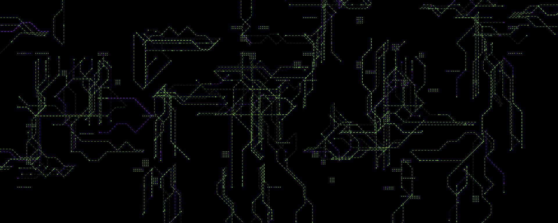 Neon Circuit Network With Green And Purple Lines. Futuristic digital background for cybersecurity, hacking, and AI themes. Glowing grid with abstract paths. Clean tech BG. illustration. vector