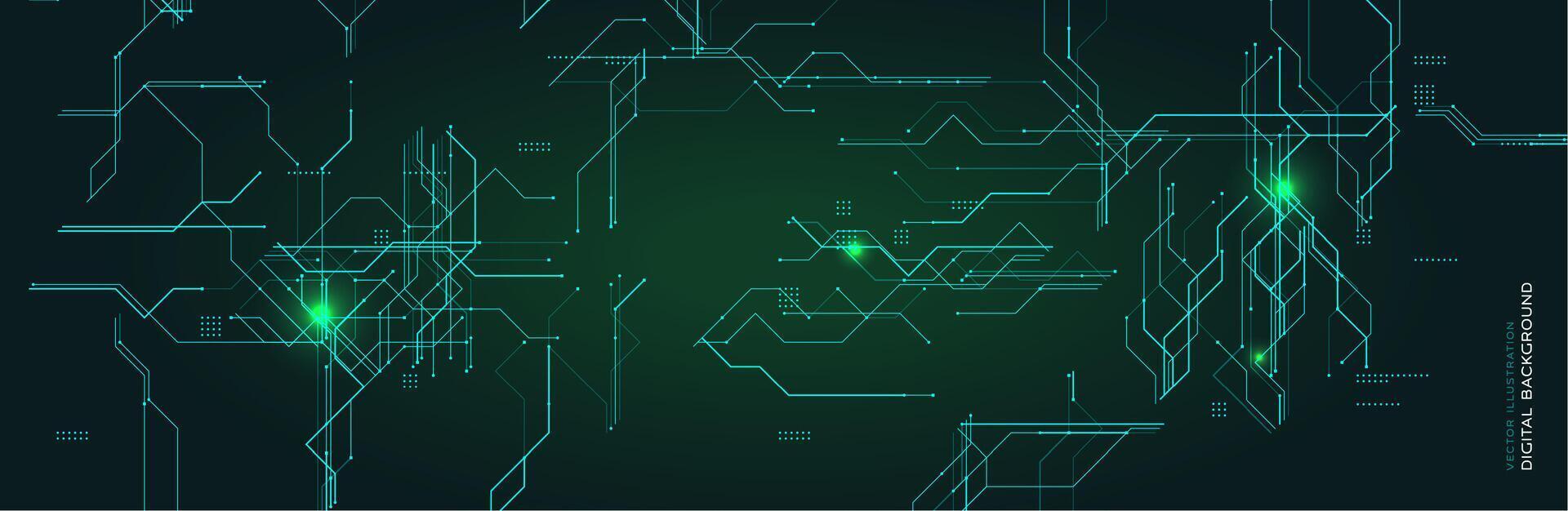 Futuristic digital background with glowing lines and circuit elements. Ideal for technology, data, and cybersecurity themes. Hightech style with green light abstract design. illustration vector