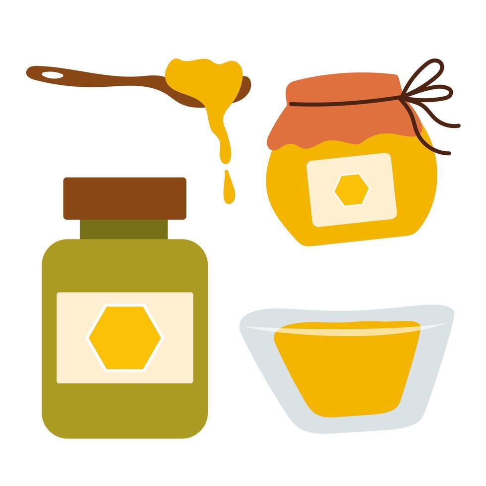 Beekeeping elements set. Spoon with honey and jars. vector