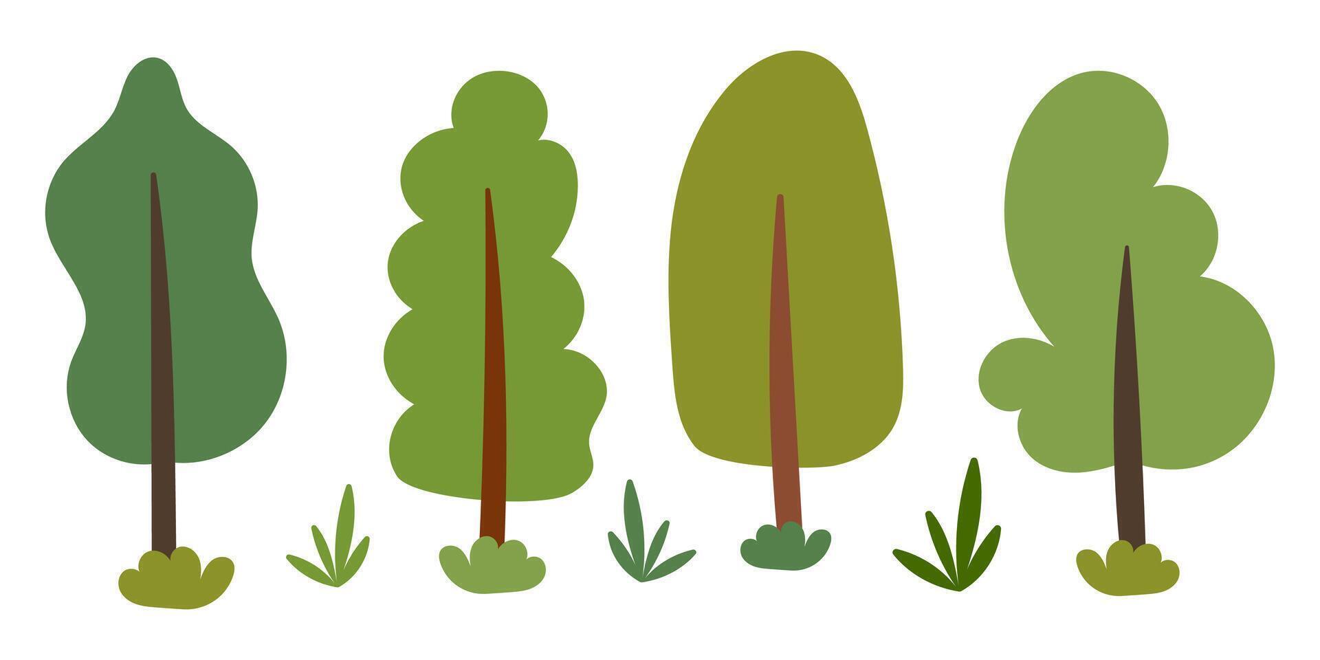Set of cartoon trees and grass. Flat trees collection. vector